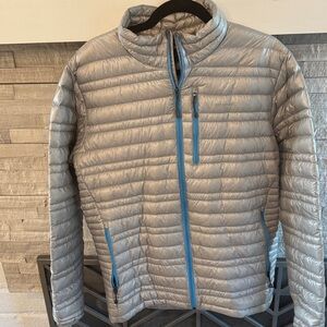 Patagonia Men's Silver Ultralight Puffer Jacket with Blue Accents